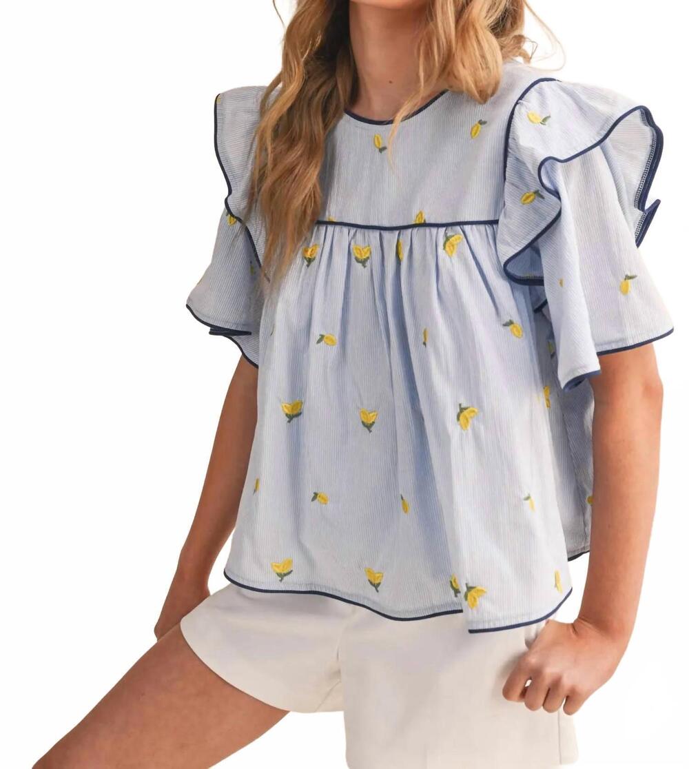 NEW &MERCI lemon embroidery contrast piping top in blue